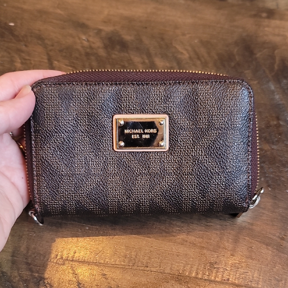 Michael Kors Dark Brown Textured Zip Wallet with Gold Plaque